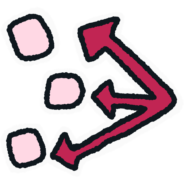 three light pink squares on the left, three dark pink arrows pointing to them on the right